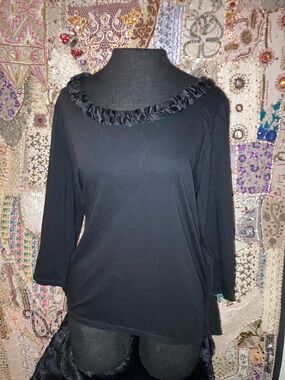 Talbots Black Ruffle-Trim Long Sleeve Top